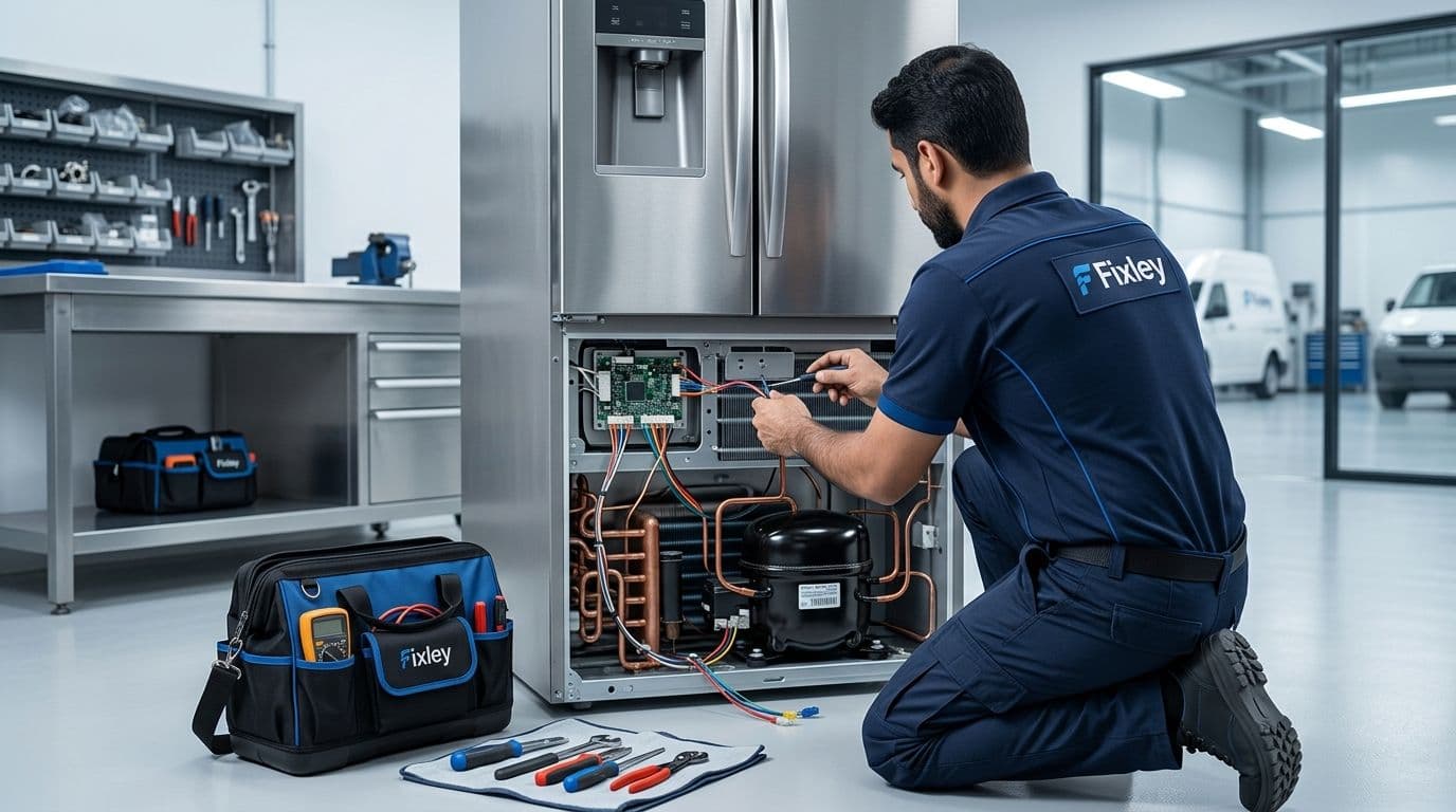 Fixley technician repairing a refrigerator
