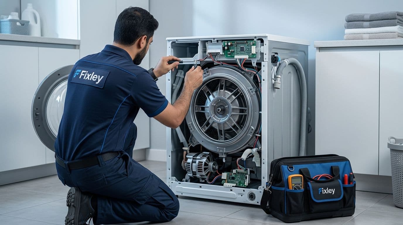 Fixley technician repairing a washing machine